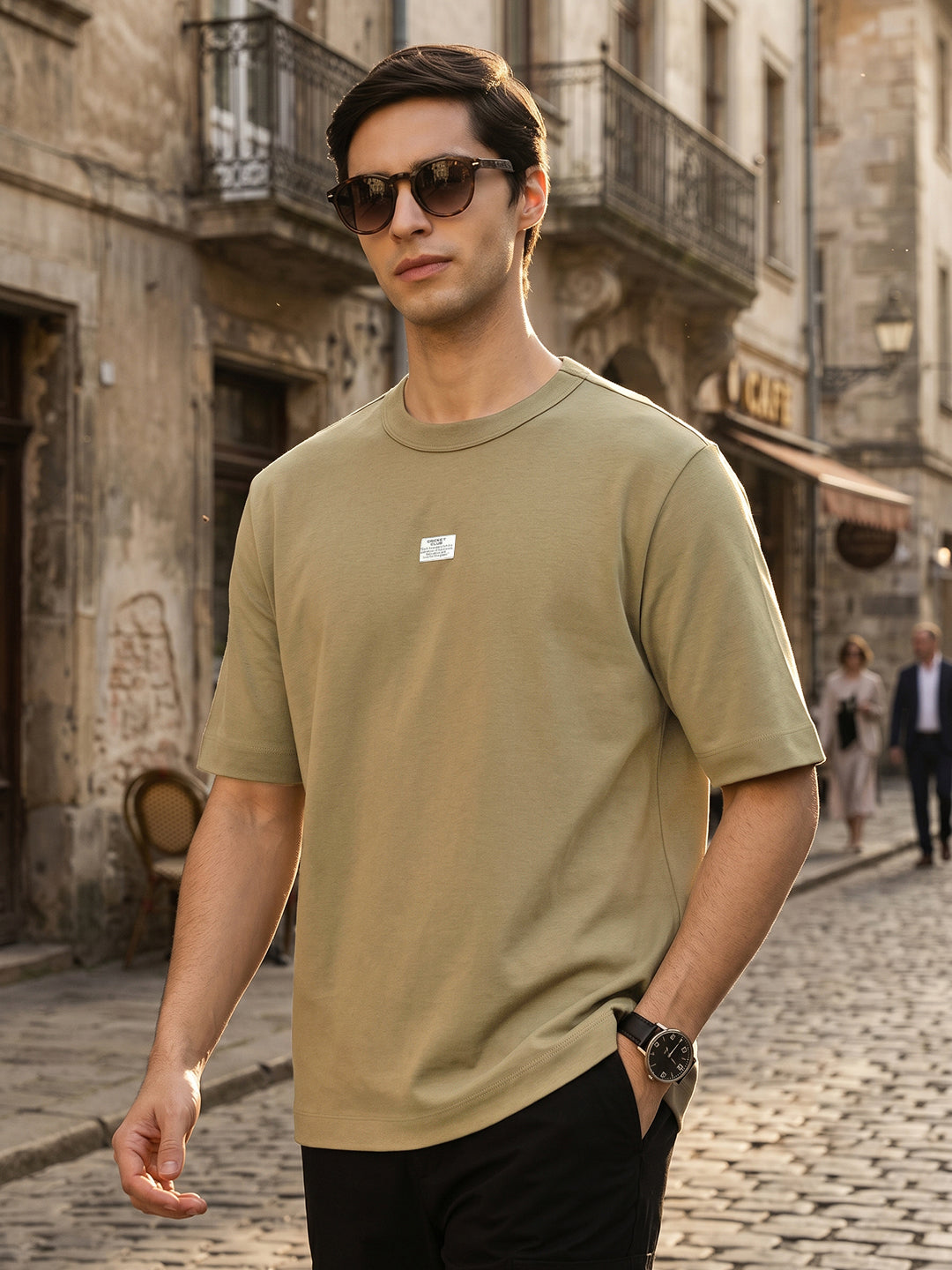 Thomas Scott Men Olive Cricket Club Collection Oversized Fit Round Neck Short Sleeves 100% Cotton Solid Knitted T-shirt