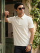 Off White Regular Fit Short Sleeves Viscose Rayon Solid Knitted Polo Collar Performance Tshirt For Men