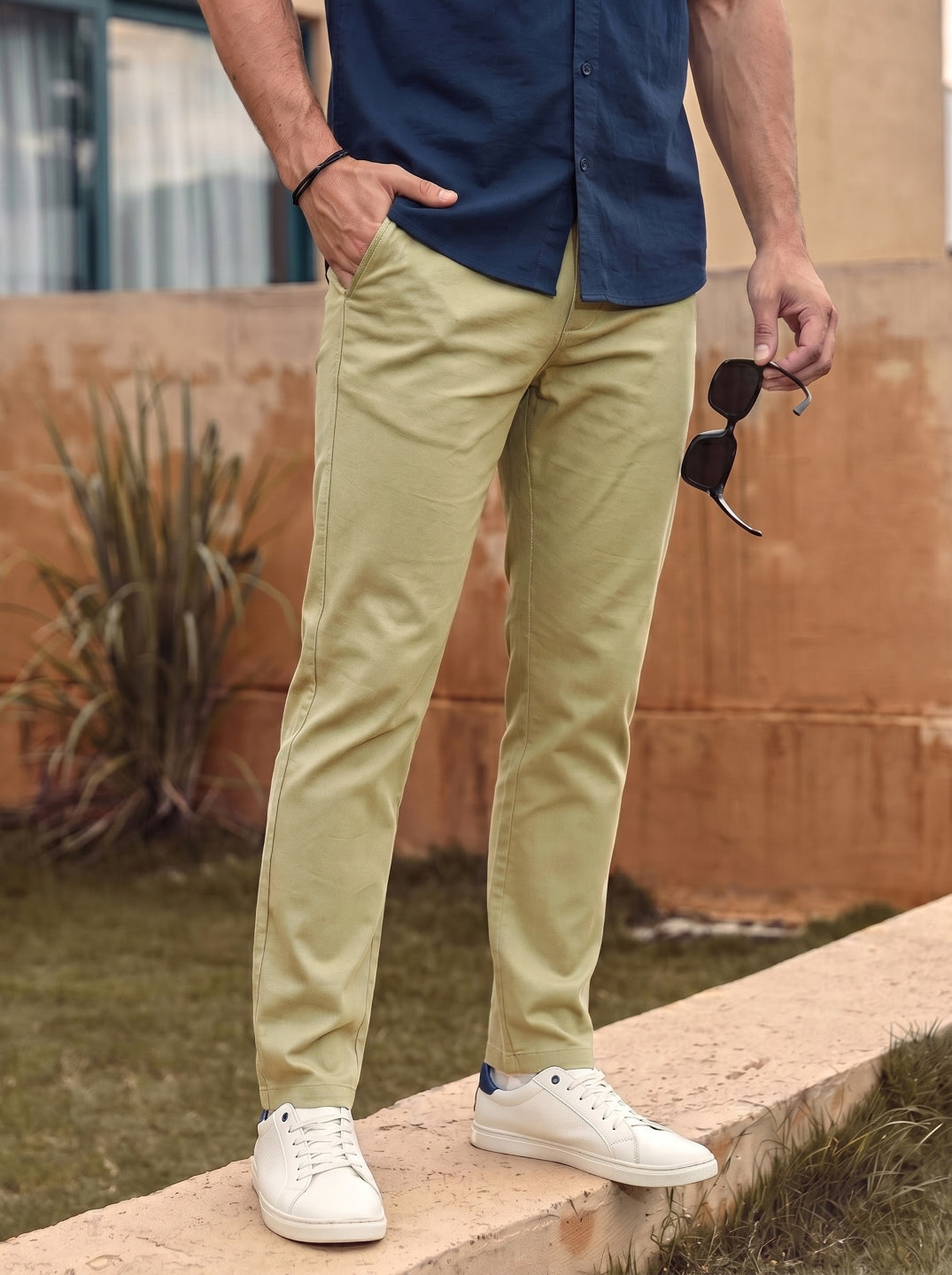 Mint Straight Fit Mid-Rise Solid 4 Pockets Woven Chinos Trouser For Men