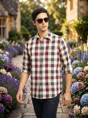 Wine Cricket Club Collection Slim Fit Long Sleeves Shepherd Check Spread Collar Cotton Linen Casual Shirt For Men