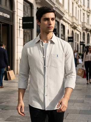 Grey Cricket Club Collection Slim Fit 100% Cotton Oxford Shirt with Vertical Stripes & Spread Collar