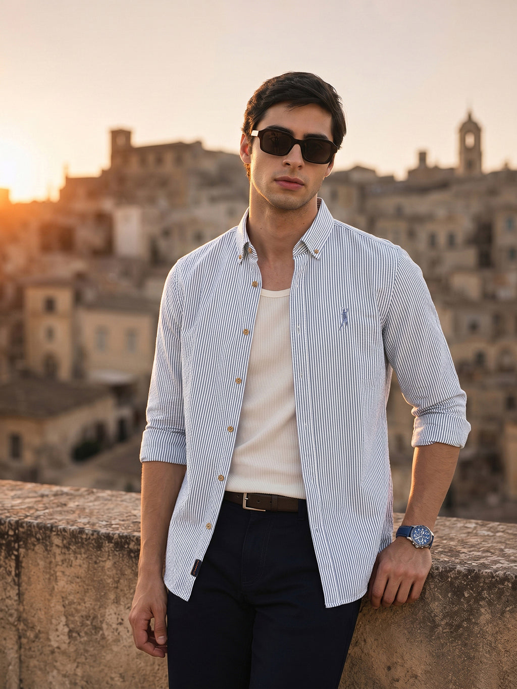 Thomas Scott Men Navy Cricket Club Collection Slim Fit Long Sleeves Button Down Collar SeerSucker Shirt