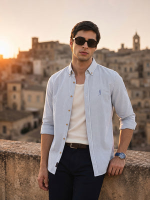 Thomas Scott Men Navy Cricket Club Collection Slim Fit Long Sleeves Button Down Collar SeerSucker Shirt