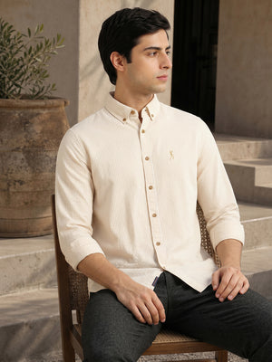 Thomas Scott Men Beige Cricket Club Collection Slim Fit Long Sleeves Button Down Collar SeerSucker Shirt