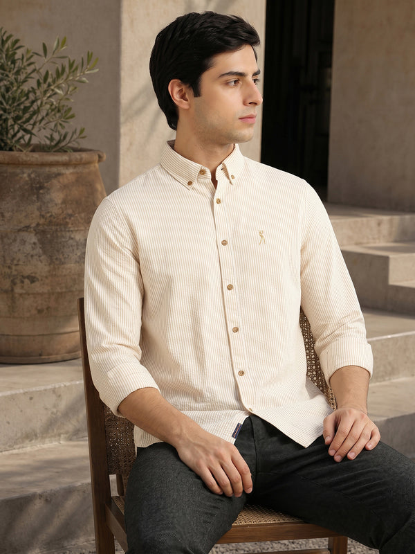 Thomas Scott Men Beige Cricket Club Collection Slim Fit Long Sleeves Button Down Collar SeerSucker Shirt