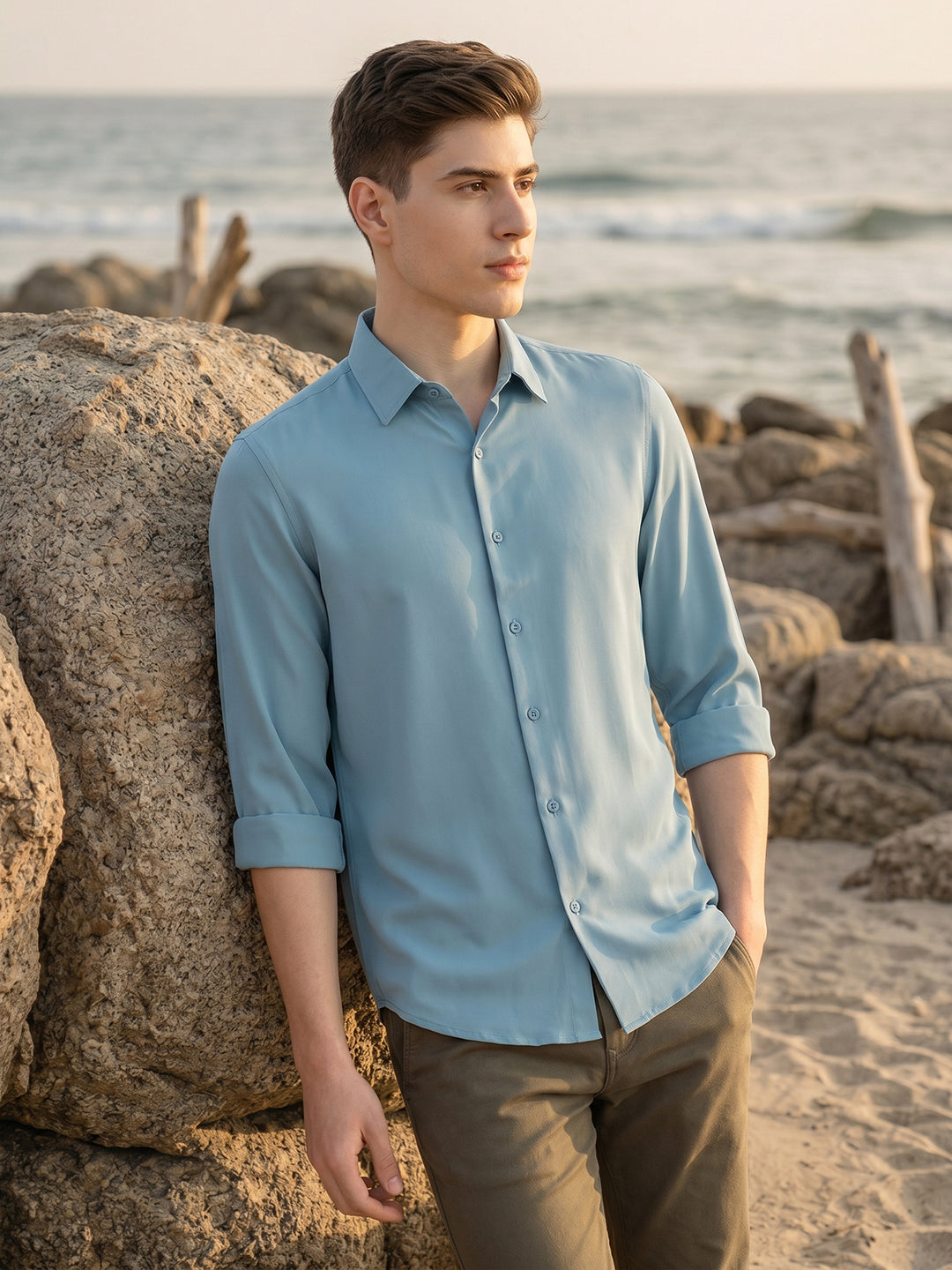 Blue Regular Fit Full Sleeves Spread Collar Solid Polyester Casual Shirt For Men