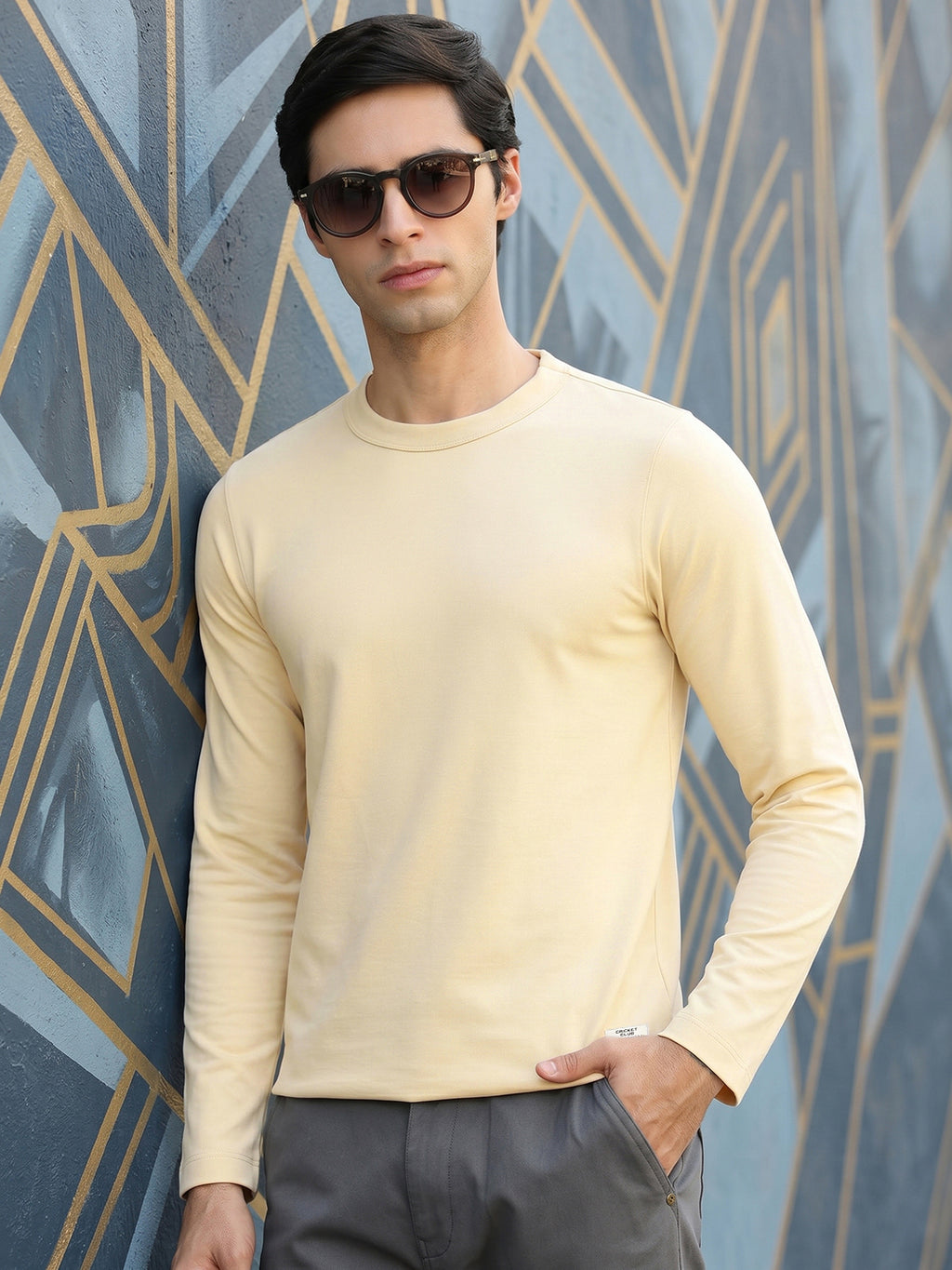 Thomas Scott Men Beige Cricket Club Collection Regular Fit Round Neck Long Sleeves Polycotton Solid Knitted T-shirt