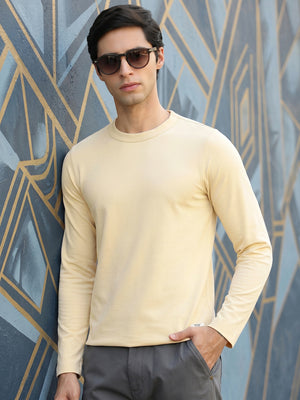Thomas Scott Men Beige Cricket Club Collection Regular Fit Round Neck Long Sleeves Polycotton Solid Knitted T-shirt