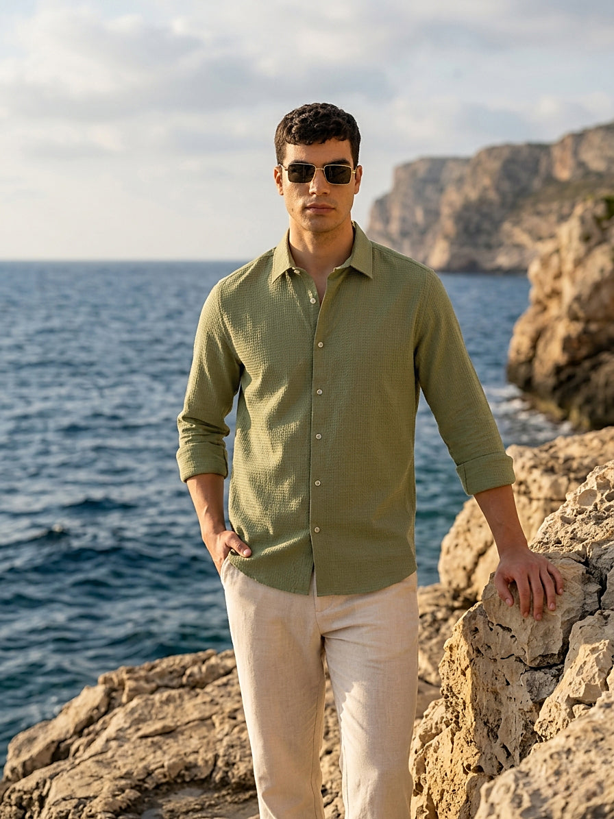 Thomas Scott Men Premium Olive Regular Fit Long Sleeves Spread Collar Textured Casual Shirt