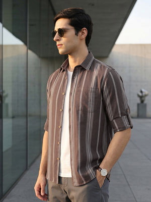 Brown Cricket Club Collection Slim Fit Cotton Linen Classic Striped Casual Wear Shirt For Men for Men