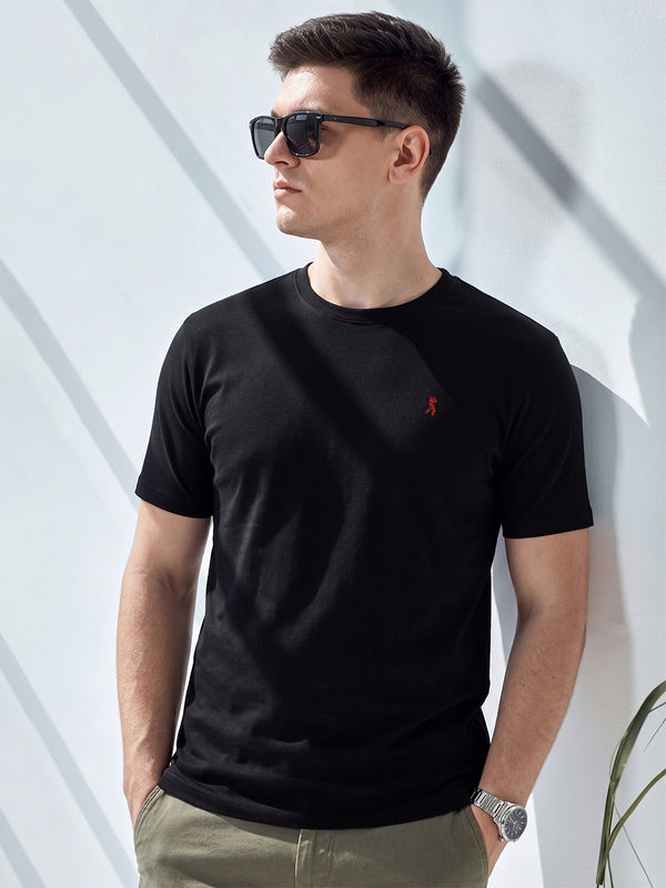 Black Cricket Club Collection Regular Fit Short Sleeves Round Neck Solid 100% Cotton Knitted Tshirt For Men