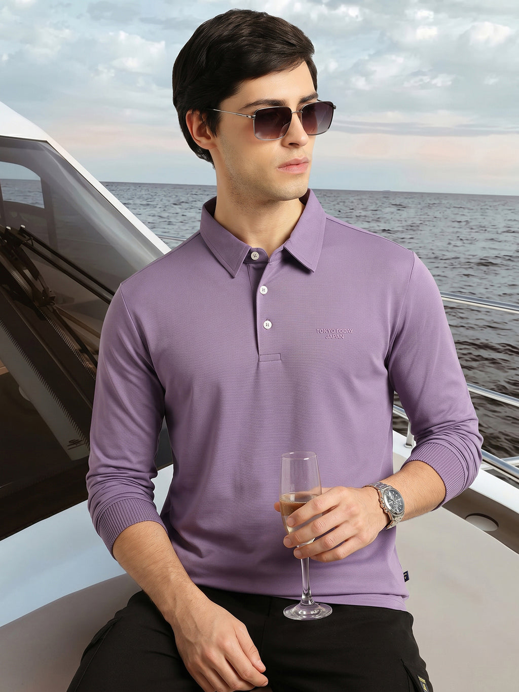 Thomas Scott Men Lavender Regular Fit Long Sleeves Solid Viscose Rayon Knitted Polo Collar Performance Tshirt