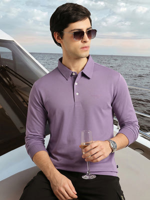 Thomas Scott Men Lavender Regular Fit Long Sleeves Solid Viscose Rayon Knitted Polo Collar Performance Tshirt