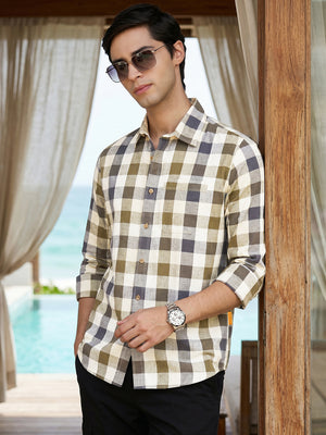 Beige Cricket Club Collection Slim Fit Long Sleeves Shepherd Check Spread Collar Cotton Linen Casual Shirt For Men