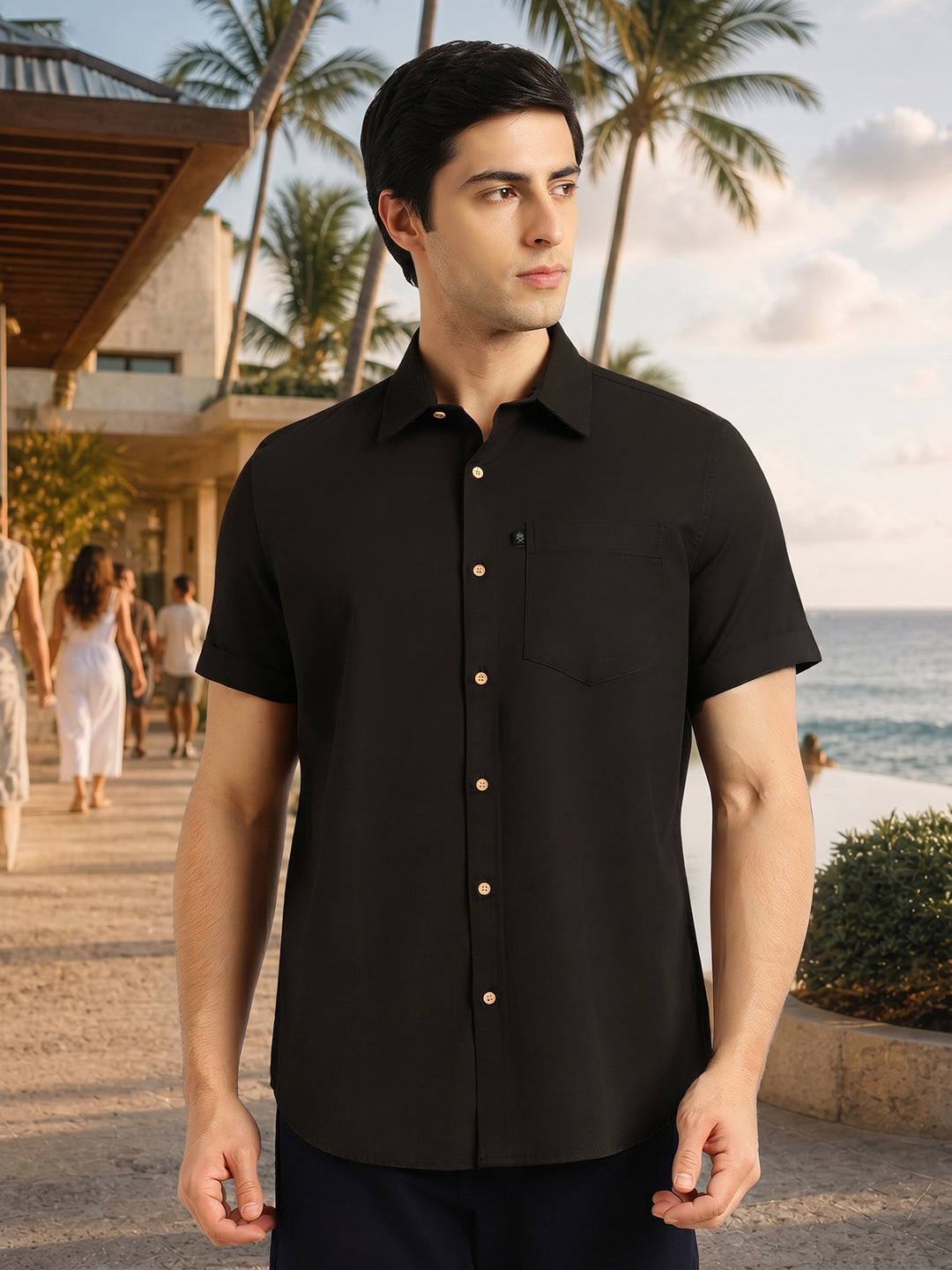 Dark Grey Slim Fit Short Sleeves Spread Collar Solid Casual Shirt For Men