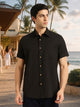 Thomas Scott Men Dark Grey Slim Fit Short Sleeves Spread Collar Solid Casual Shirt