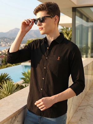Black Cricket Club Collection Long Sleeves Slim Fit Spread Collar 100% Cotton Twill Casual Shirt For Men