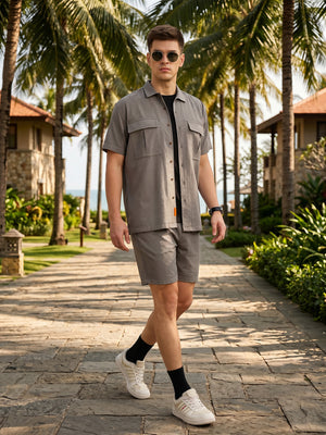 Thomas Scott Men Grey Cricket Club Collection Regular Fit Short Sleeves Self Design 100% Cotton Co-Ord Set with Shirt Collar