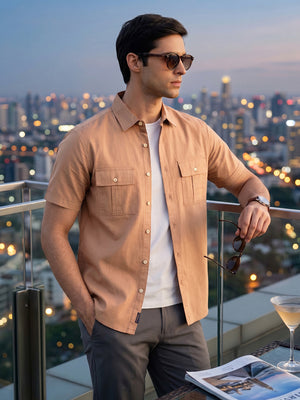 Brown Cricket Club Collection Slim Fit Short Sleeve Spread Collar 2 Flap Pockets Solid Design Cotton Twill Casual Shirt For Men