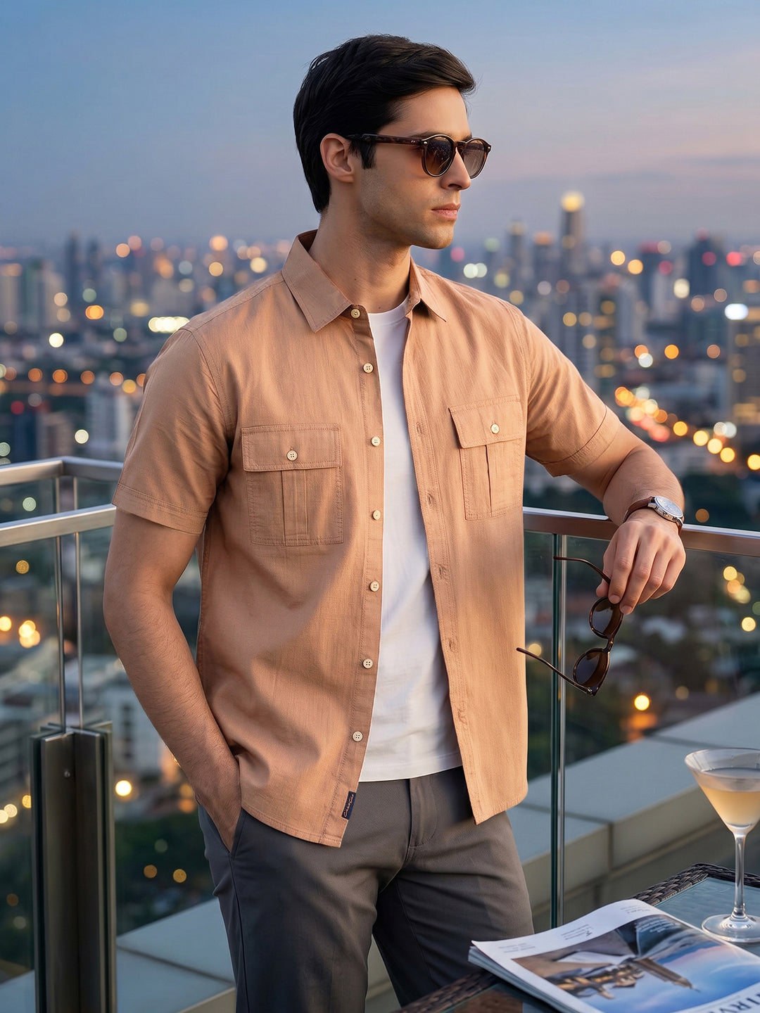 Brown Cricket Club Collection Slim Fit Short Sleeve Spread Collar 2 Flap Pockets Solid Design Cotton Twill Casual Shirt For Men