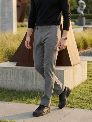 Steel Grey Smart Straight Fit Mid-Rise Solid 6-Pocket Design Woven Cargo Trouser For Men