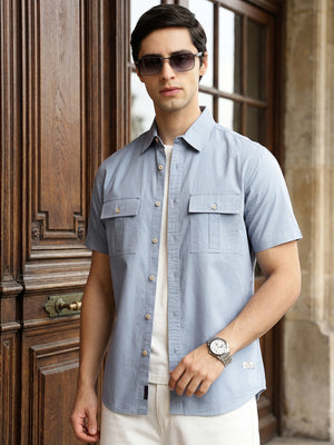 Blue Cricket Club Collection Slim Fit Short Sleeve Spread Collar 2 Flap Pockets Solid Design Cotton Twill Casual Shirt For Men