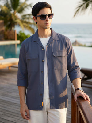 Navy Cricket Club Collection Oversized Fit Long Sleeves Camp Collar Cotton Linen Twill Shacket with 2 Flap Pockets