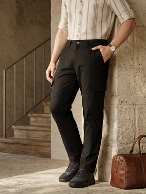 Black Cricket Club Straight Fit Mid-Rise Solid Cotton Woven Cargo Trouser For Men