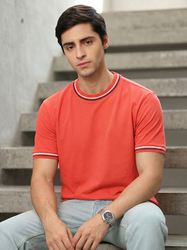 Thomas Scott Men Rust Cricket Club Collection Short Sleeves Regular Fit Round Neck Solid Knitted T-shirt