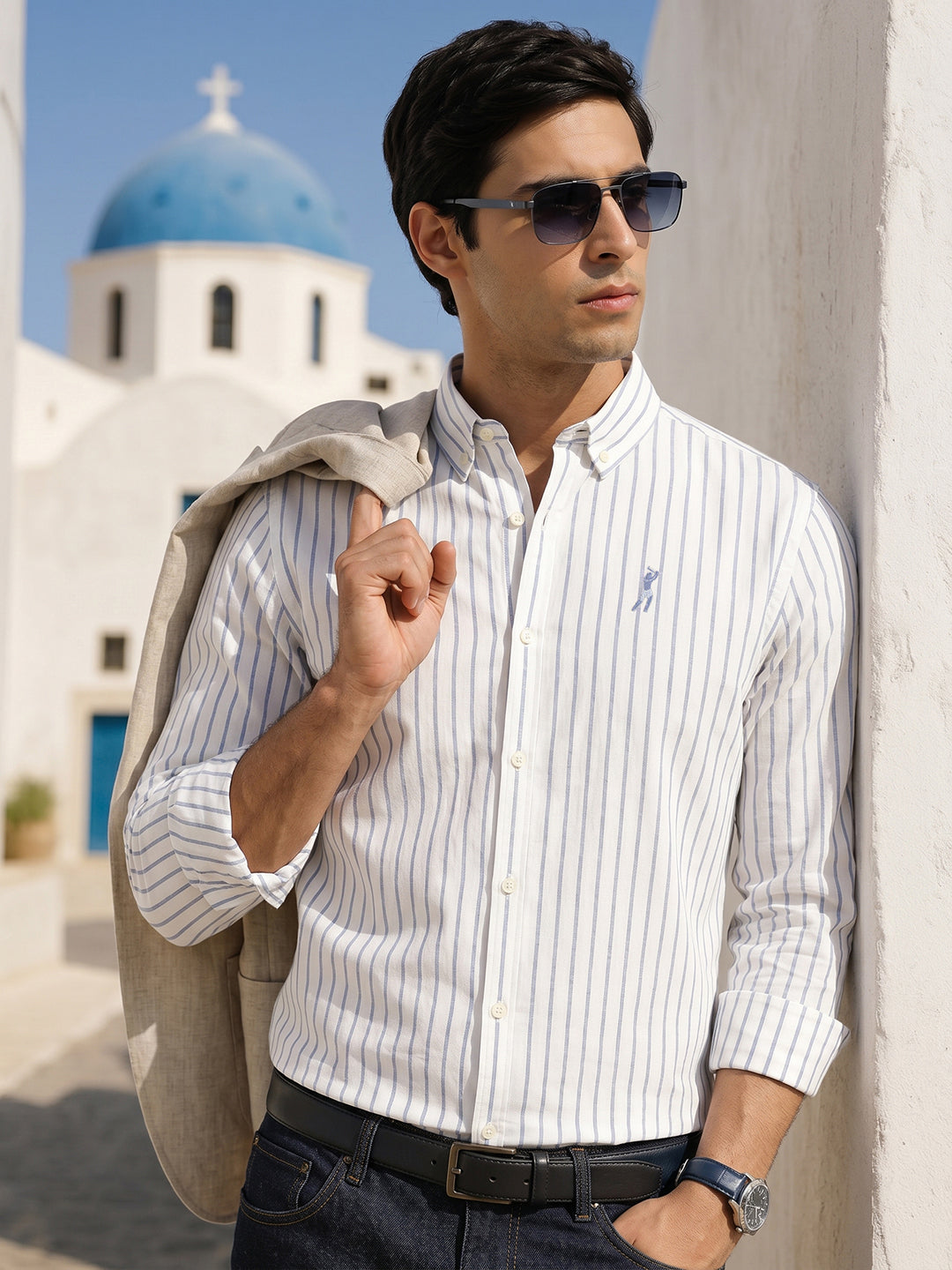 Thomas Scott Men Blue Cricket Club Collection Slim Fit Long Sleeves Button Down Collar Cotton Linen Oxford Shirt