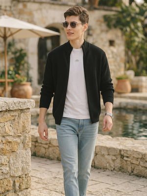 Thomas Scott Men Black Regular Fit Long Sleeves Zip Closure Mock Collar Acrylic Knitted Sweatshirt