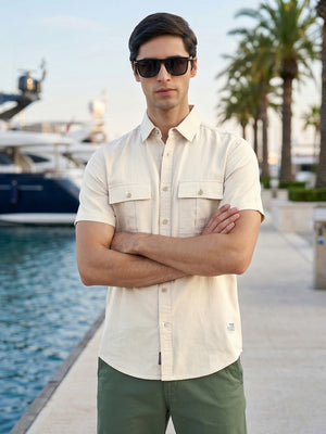 Beige Cricket Club Collection Slim Fit Short Sleeve Spread Collar 2 Flap Pockets Solid Design Cotton Twill Casual Shirt For Men