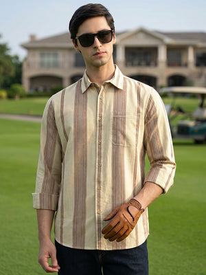 Beige Cricket Club Collection Men Striped Cotton Linen Shirt For Men-Slim Fit, Long Sleeve, Spread Collar Casual Wear