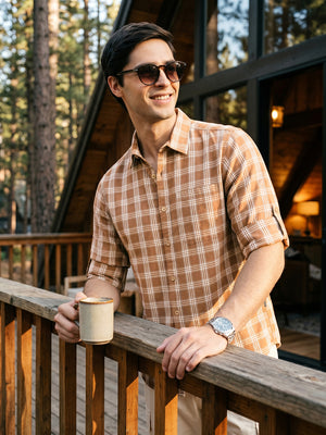 Brown Slim Fit Tartan Checks Cotton Linen Casual Shirt-Cricket Club Collection, Roll-Up Sleeves & Spread Collar