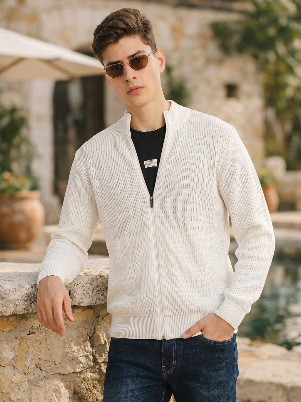 Thomas Scott Men White Regular Fit Long Sleeves Zip Closure Mock Collar Acrylic Knitted Sweatshirt