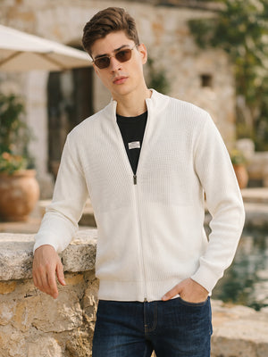 Thomas Scott Men White Regular Fit Long Sleeves Zip Closure Mock Collar Acrylic Knitted Sweatshirt