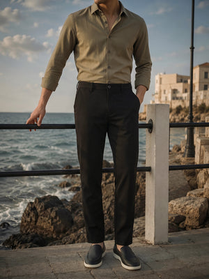 Black Cricket Club Collection Straight Fit Mid-Rise Solid Woven Chinos Trouser For Men