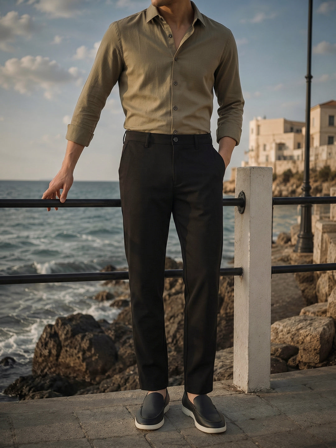 Black Cricket Club Collection Straight Fit Mid-Rise Solid Woven Chinos Trouser For Men