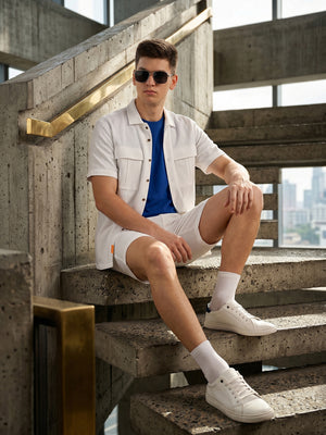 Thomas Scott Men White Cricket Club Collection Regular Fit Short Sleeves Self Design 100% Cotton Co-Ord Set with Shirt Collar