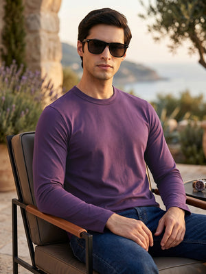 Thomas Scott Men Purple Cricket Club Collection Regular Fit Round Neck Long Sleeves Polycotton Solid Knitted T-shirt