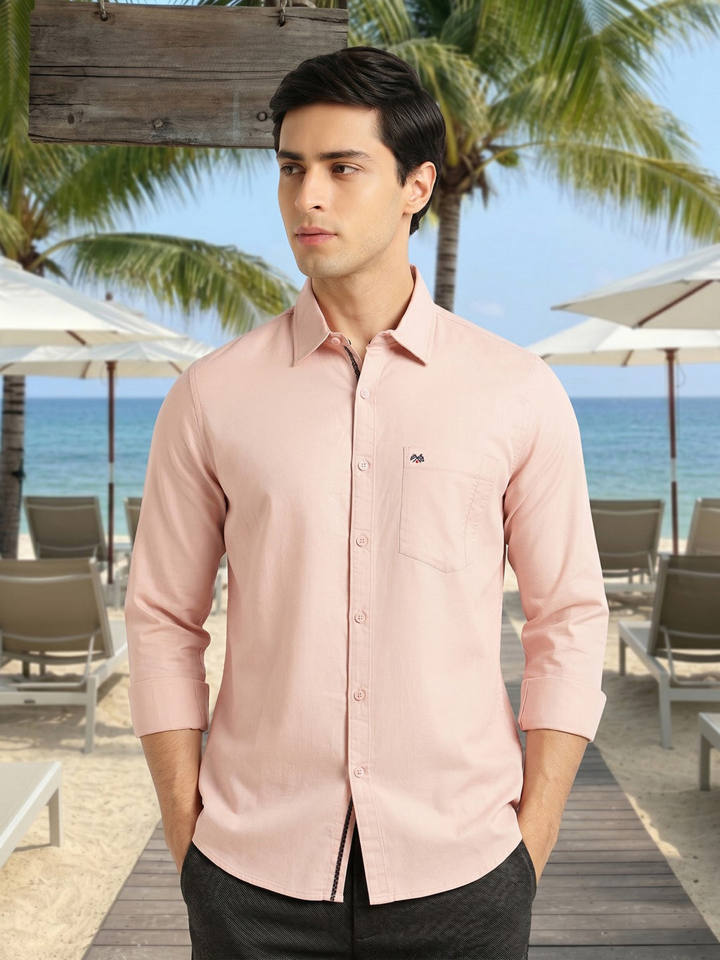 Pink Slim Fit Long Sleeves Solid Spread Collar 100% Cotton Twill Casual Shirt For Men