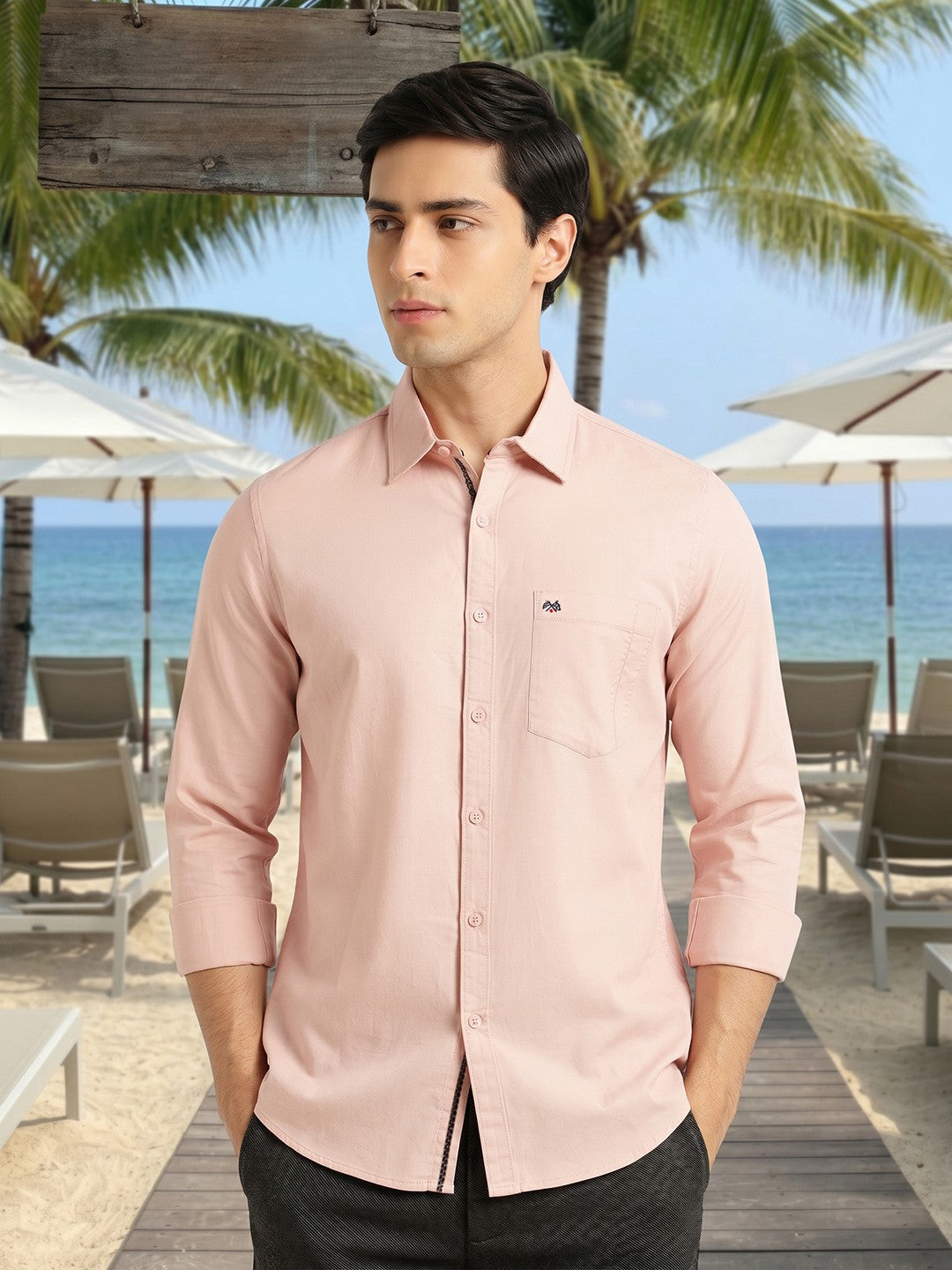 Pink Slim Fit Long Sleeves Solid Spread Collar 100% Cotton Twill Casual Shirt For Men