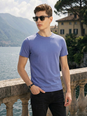 Lavender Regular Fit Short Sleeves Round Neck Solid Knitted Tshirt For Men
