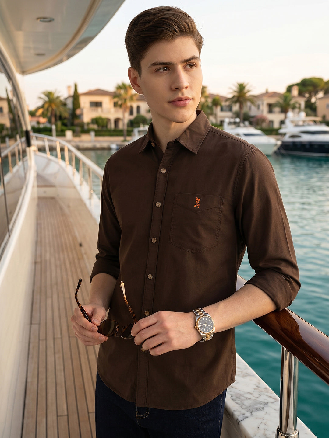Coffee Cricket Club Collection Long Sleeves Slim Fit Spread Collar 100% Cotton Twill Casual Shirt For Men