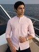 Pink Premium Slim Fit Long Sleeves Mandarin Collar Solid Cotton Linen Casual Shirt For Men