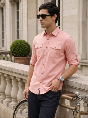 Peach Regular Fit Long Roll-Up Sleeves Spread Collar Solid 100% Cotton Casual Shirt For Men