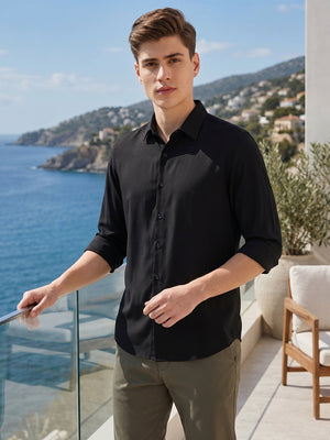 Black Regular Fit Full Sleeves Spread Collar Solid Polyester Casual Shirt For Men