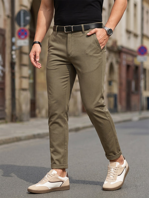 Olive Cricket Club Collection Regular Fit Mid-Rise Solid 4 Pockets Woven Chinos Trouser For Men