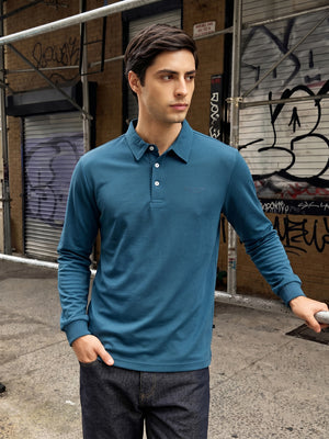Thomas Scott Men Teal Regular Fit Long Sleeves Solid Viscose Rayon Knitted Polo Collar Performance Tshirt