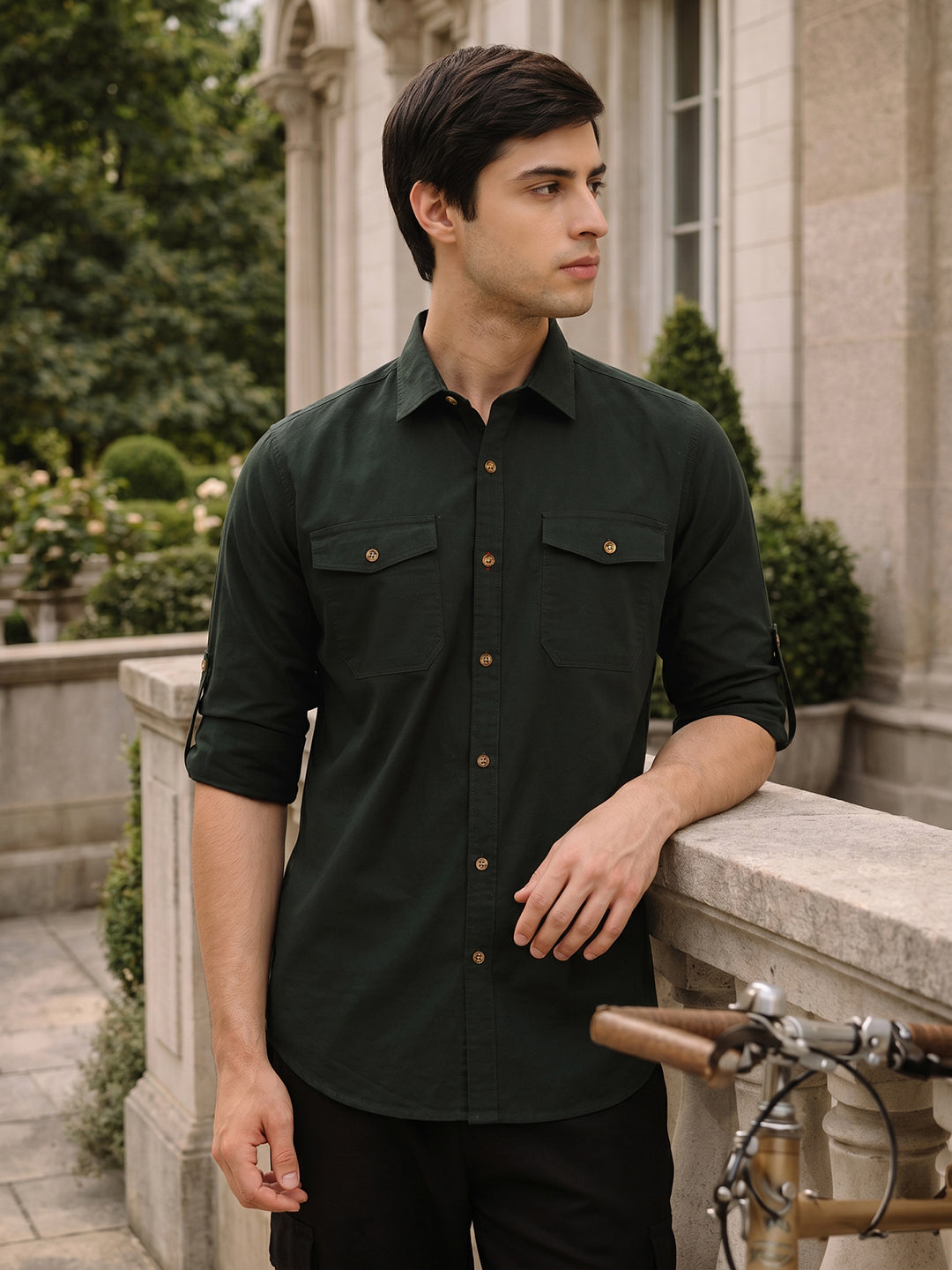 Bottle Green1 Regular Fit Long Roll-Up Sleeves Spread Collar Solid 100% Cotton Casual Shirt For Men